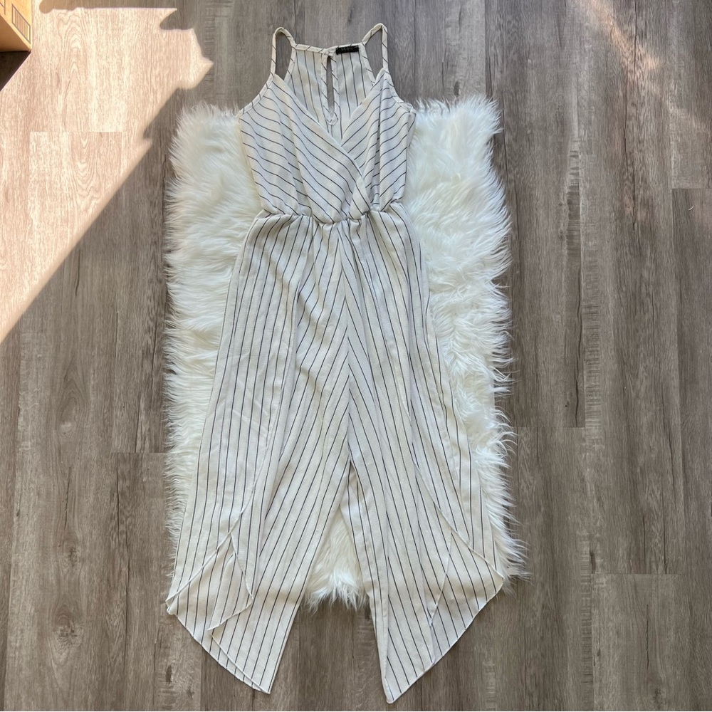 Scobe White and Black Pinstripe Vertical Striped Jumpsuit Wide-leg Festival